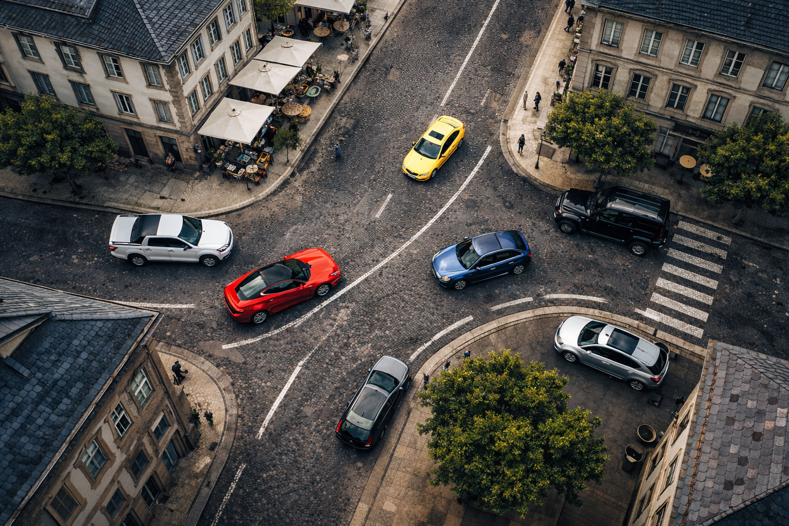 Aerial high-resolution shot of a European intersection featuring a red Ferrari and silver BMW, ideal for an Auto Broker luxury showcase
