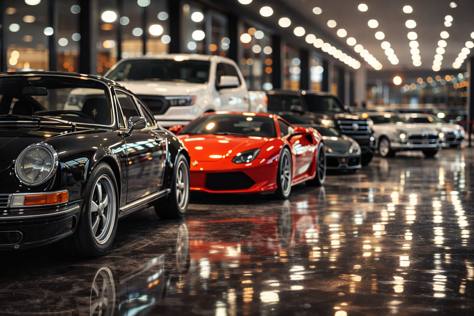 A black Porsche 911 and luxury cars in a showroom, representing professional Auto Broker inventory.